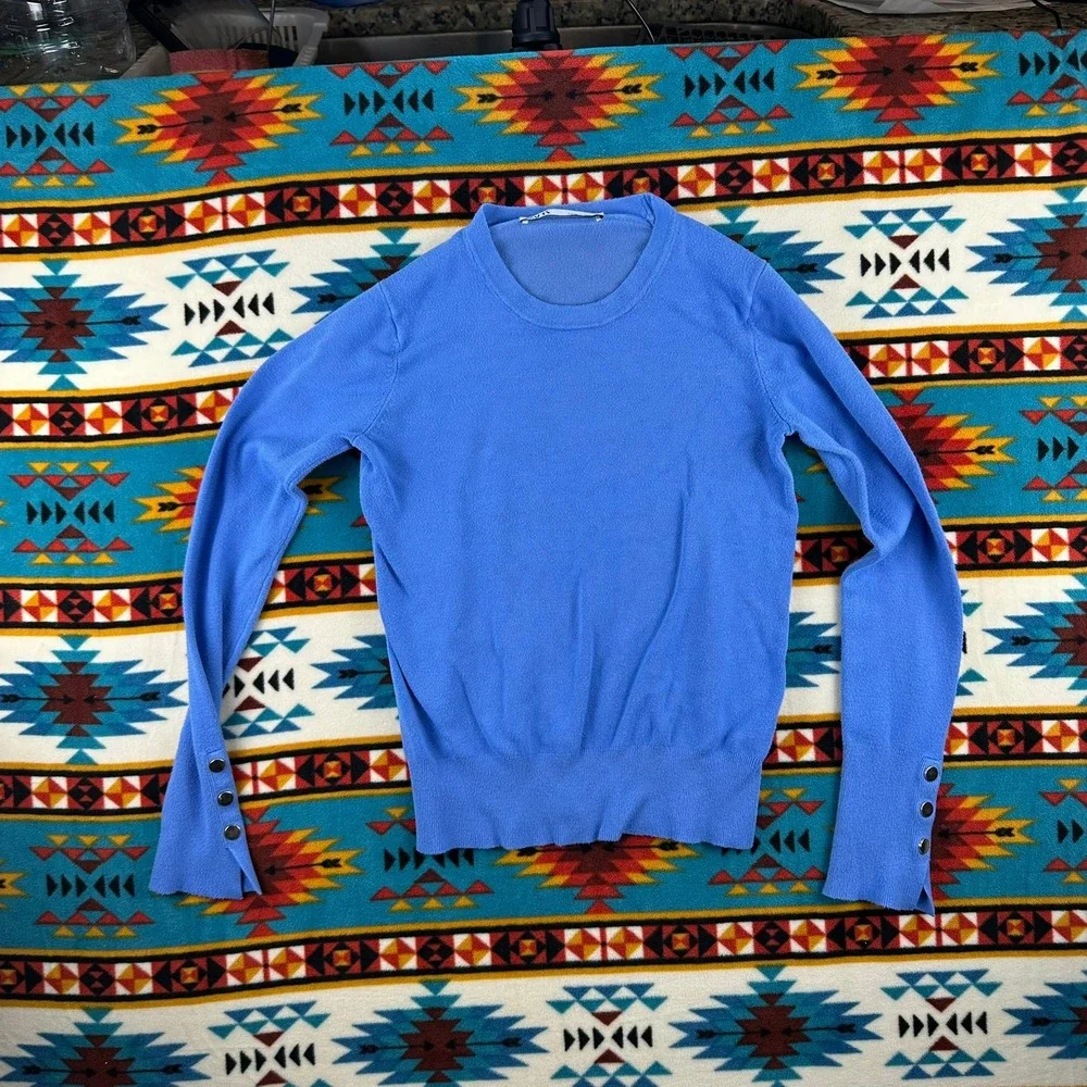 Zara Knit Sweater Button Cuff‎ Long Sleeve Periwinkle Blue Top Size M - Picture 2 of 6